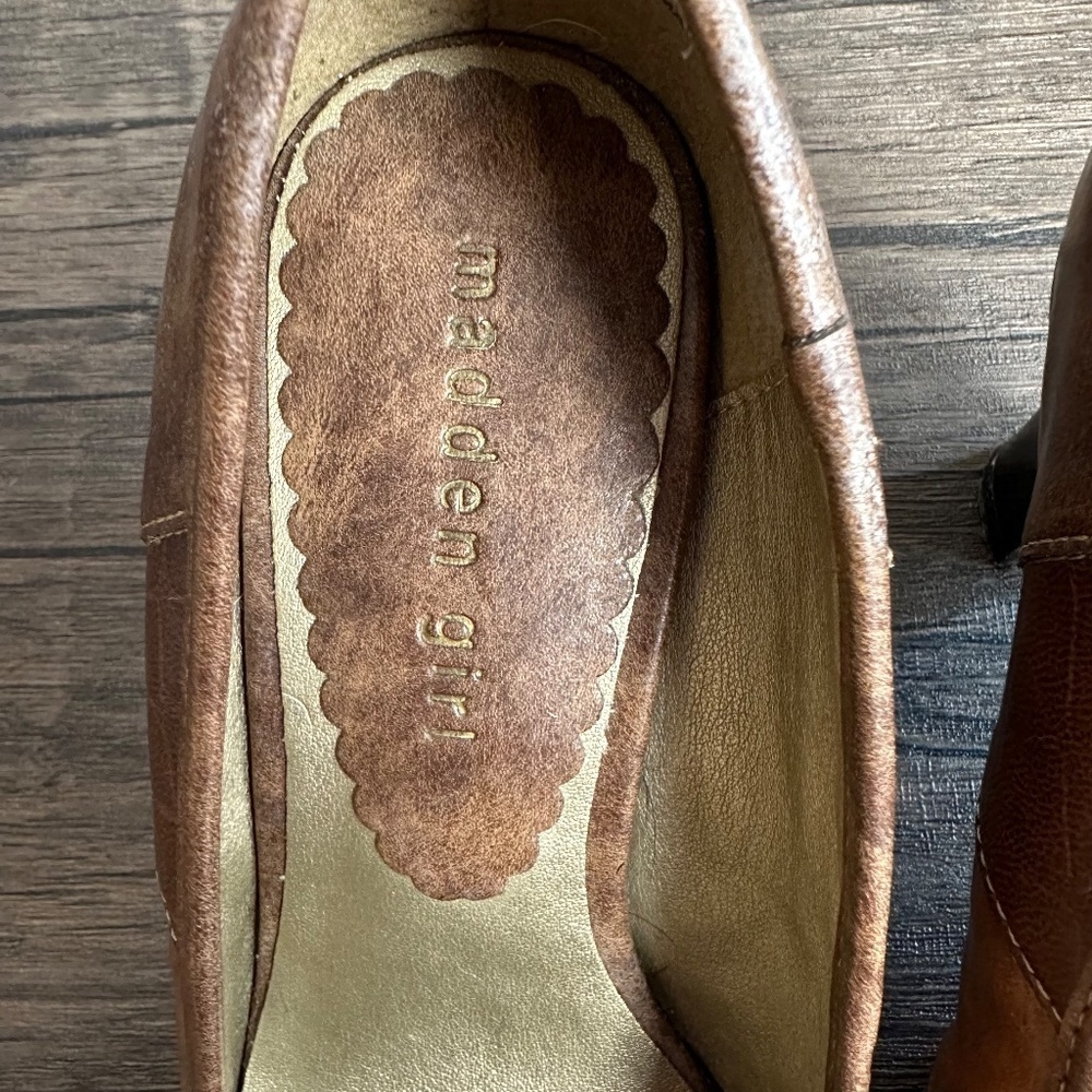 *MADDEN GIRL* Brown Danceer Faux Leather Patchwork Heels Size 6 - Picture 8 of 13